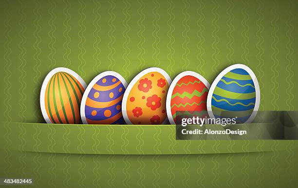 easter eggs with green background - colorful easter eggs stock illustrations