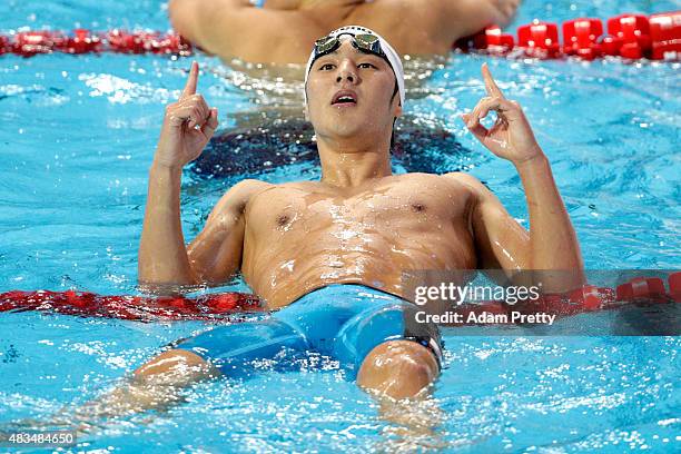 Daiya Seto of Japan celebrates winning the gold medal in the Men's 400m Individual Medley Final on day sixteen of the 16th FINA World Championships...