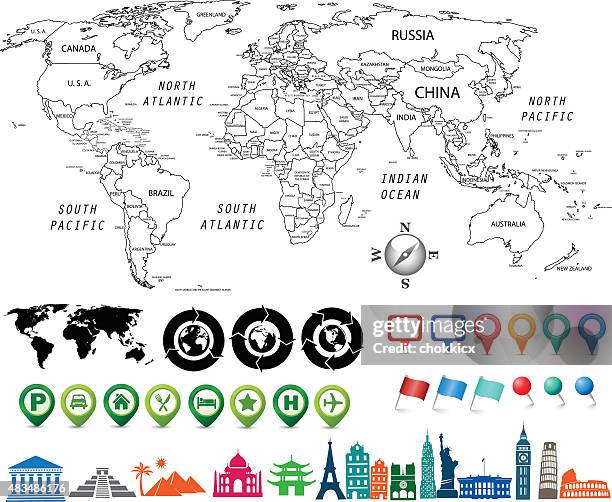 black and white world map kit - international border stock illustrations