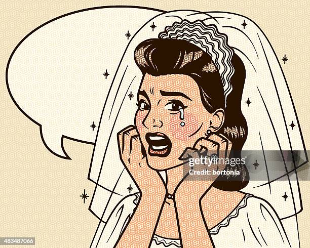 terrified woman comic book screen printed color illustration - crying bride stock illustrations