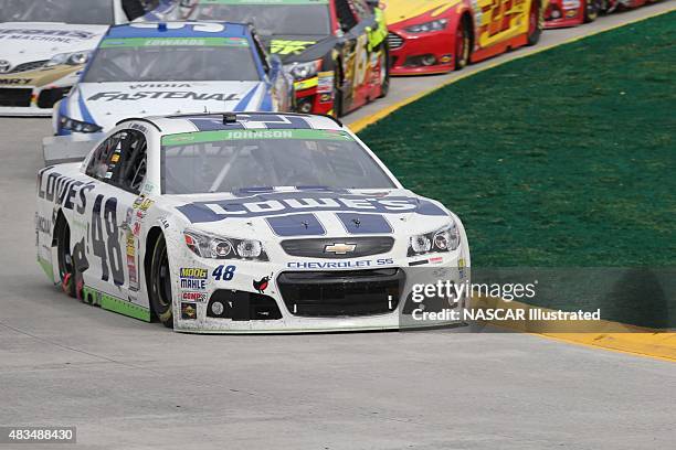 The Lowe's Chevy SS driven by Jimmie Johnson on track during the running of the STP Gas Booster 500 at the Martinsville Speedway in Martinsville, VA....