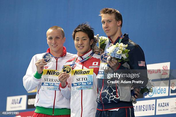 Gold medallist Daiya Seto of Japan poses with silver medallist David Verraszto of Hungary and bronze medallist Chase Kalisz of the United States...