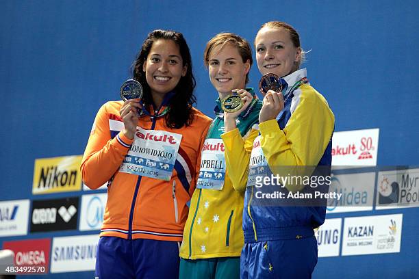 Gold medallist Bronte Campbell of Australia poses with silver medallist Ranomi Kromowidjojo of the Netherlands and bronze medallist Sarah Sjostrom of...