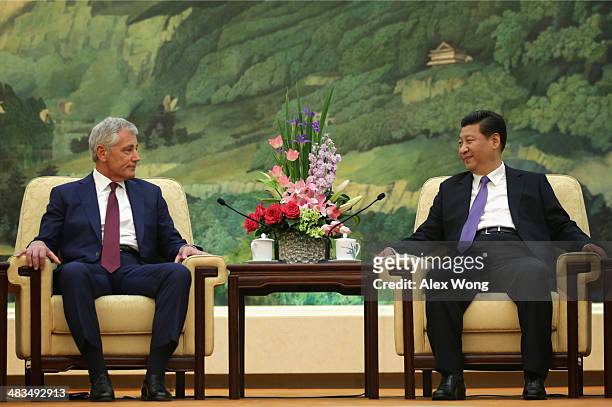Secretary of Defense Chuck Hagel meets with Chinese President Xi Jinping at the Great Hall of the People April 9, 2014 in Beijing, China. Secretary...