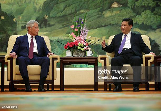 Secretary of Defense Chuck Hagel meets with Chinese President Xi Jinping at the Great Hall of the People April 9, 2014 in Beijing, China. Secretary...