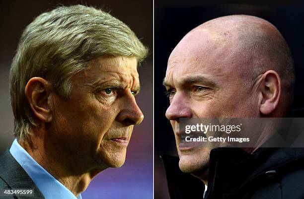 Image Numbers 465638489 and 460527549) In this composite image a comparison has been made between Arsene Wenger the Manager of Arsenal and Uwe Rosler...