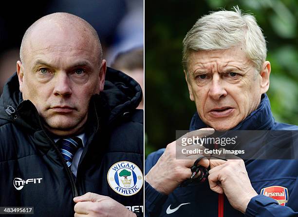 Image Numbers 460527551 and 477574919) In this composite image a comparison has been made between Arsene Wenger the Manager of Arsenal and Uwe Rosler...