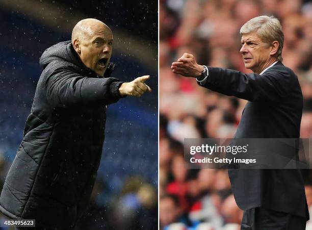 Image Numbers 457696769 and 181534680) In this composite image a comparison has been made between Uwe Rosler ,Wigan manager and Arsene Wenger,the...