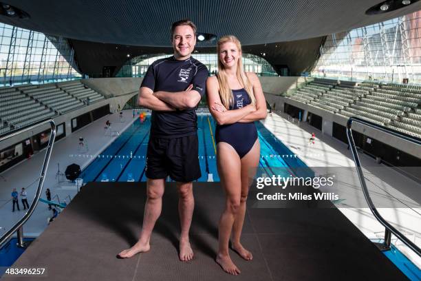 David Walliams and Rebecca Adlington pose for a picture at the top of the 10m diving platform during the launch of the British Gas SwimBritain event...