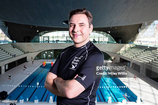 David Walliams poses for a picture at the top of the 10m diving platform during the launch of the British Gas SwimBritain event at the London Aquatic...