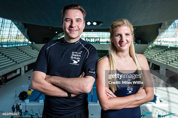 David Walliams and Rebecca Adlington pose for a picture at the top of the 10m diving platform during the launch of the British Gas SwimBritain event...