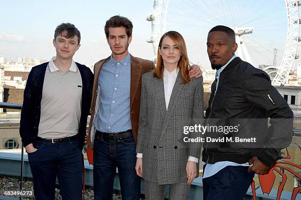 Actors Dane DeHaan, Andrew Garfield, Emma Stone and Jamie Foxx attend "The Amazing Spider-Man 2" photocall at Park Plaza Westminster Bridge Hotel on...