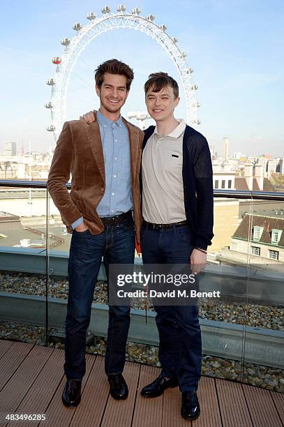 Actors Andrew Garfield and Dane DeHaan attend "The Amazing Spider-Man 2" photocall at Park Plaza Westminster Bridge Hotel on April 9, 2014 in London,...