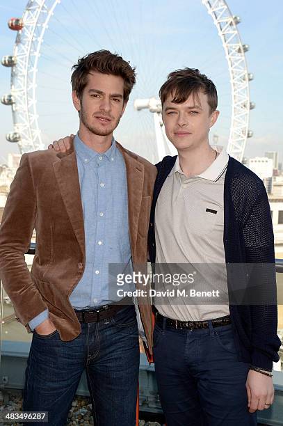 Actors Andrew Garfield and Dane DeHaan attend "The Amazing Spider-Man 2" photocall at Park Plaza Westminster Bridge Hotel on April 9, 2014 in London,...