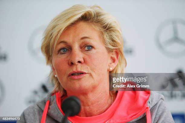 Head coach Silvia Neid attends a Germany press conference at Carl-Benz-Stadion on April 9, 2014 in Mannheim, Germany.