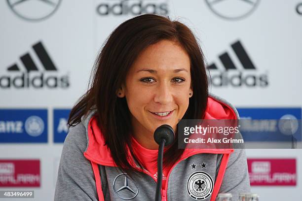 Nadine Kessler attends a Germany press conference at Carl-Benz-Stadion on April 9, 2014 in Mannheim, Germany.