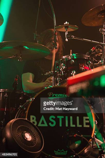 Drummer Chris "Woody" Wood of Bastille performs on stage at Showbox Sodo on April 8, 2014 in Seattle, Washington.