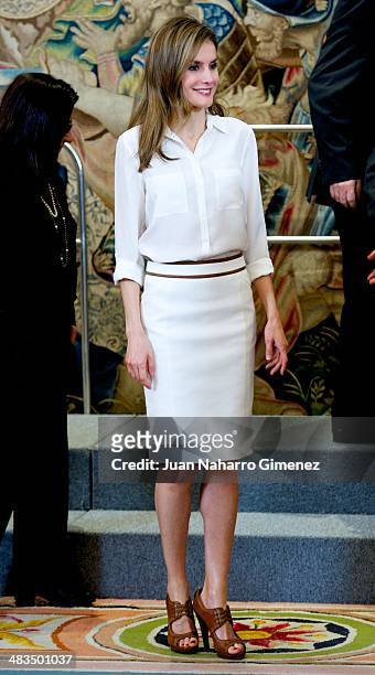 Princess Letizia of Spain receives organising committee of the 'World Chapionships Artistic Roller Skating' at Zarzuela Palace on April 9, 2014 in...