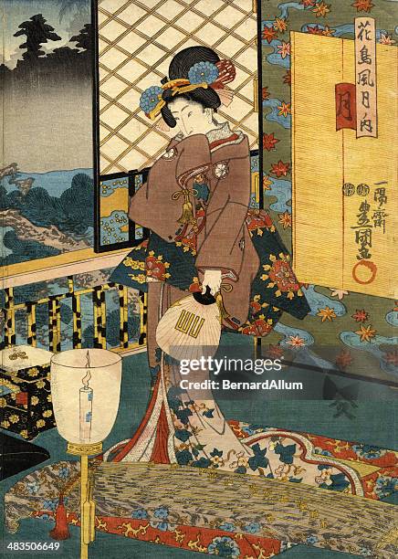 japanese woodblock of beautiful moon woman - geisha japan stock illustrations