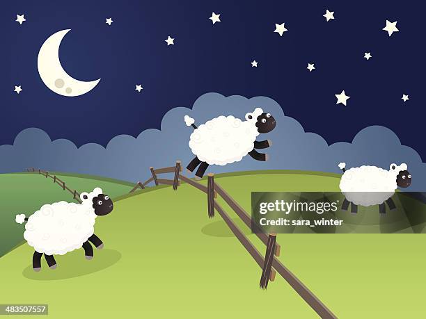 sheep jumping over a fence in a rolling night landscape - sheep stock illustrations