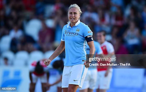 Steph Houghton, Captain of Manchester City Women celebrates victory on the final whistle during the FA WSL match between Arsenal Ladies FC and...