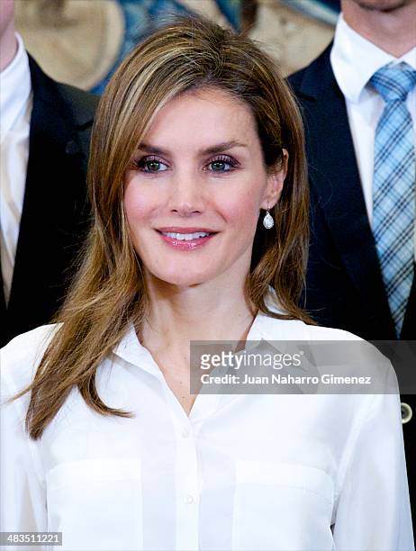 Princess Letizia of Spain receives organising committee of the 'World Chapionships Artistic Roller Skating' at Zarzuela Palace on April 9, 2014 in...
