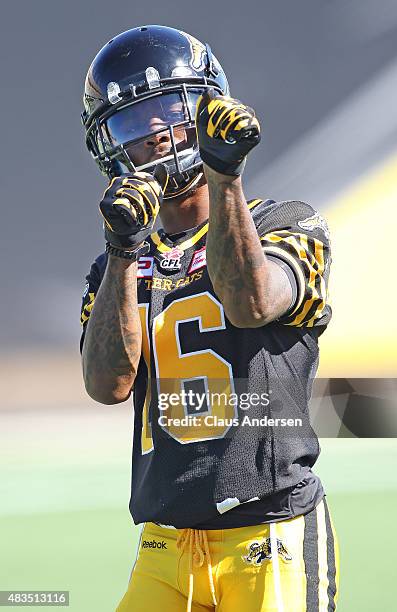 Brandon Banks of the Hamilton Tiger-Cats warms up prior to play against the Winnipeg Blue Bombers during a CFL football game at Tim Hortons Field on...