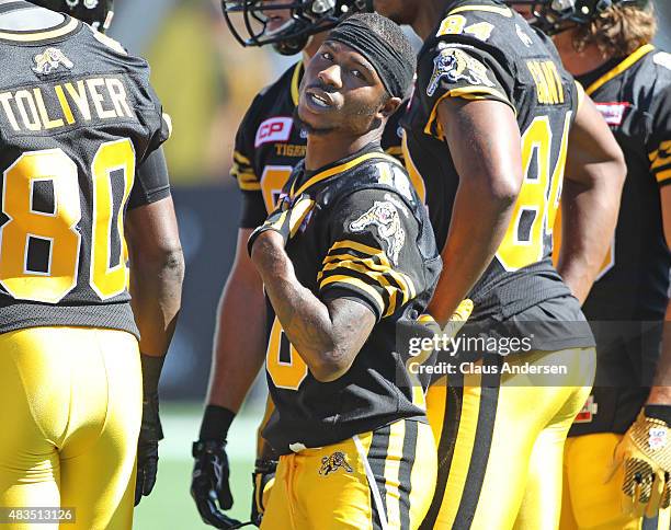 Brandon Banks of the Hamilton Tiger-Cats warms up prior to play against the Winnipeg Blue Bombers during a CFL football game at Tim Hortons Field on...