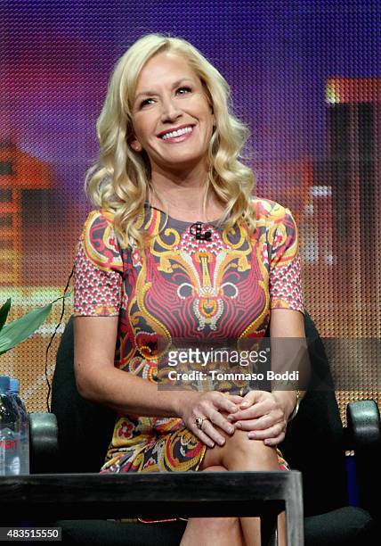 Actress Angela Kinsey speaks onstage during "The Hotwives of Las Vegas" panel at the Hulu 2015 Summer TCA Presentation at The Beverly Hilton Hotel on...