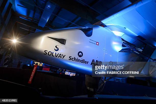 Picture taken on April 9, 2014 shows the second Solar Impulse experimental solar-powered plane, the HB-SIB, to be used for a round-the-world voyage...