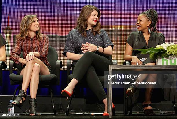 Executive Producer Danielle Schneider, and actresses Casey Wilson and Tymberlee Hill speak onstage during "The Hotwives of Las Vegas" panel at the...