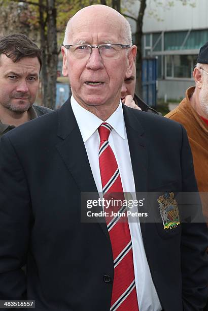 Sir Bobby Charlton of Manchester United lays a wreath at the memorial to the Munich Air Disaster of 1958 on April 9, 2014 in Munich, Germany.