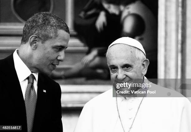 President Barack Obama meets Pope Francis at his private library in the Apostolic Palace on March 27, 2014 in Vatican City, Vatican. TThe Pope...