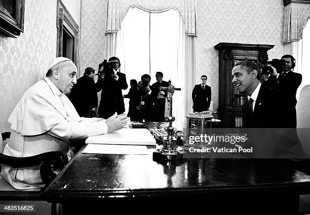 President Barack Obama meets Pope Francis at his private library in the Apostolic Palace on March 27, 2014 in Vatican City, Vatican. TThe Pope...
