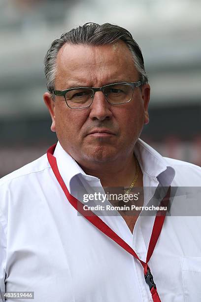 Stade de Reims president Jean Pierre Caillot looks on before the French Ligue 1match between FC Girondins de Bordeaux and Stade de Reims at Nouveau...