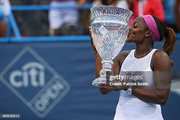 Sloane Stephens of the United States celebrates with the trophy after defeating Anastasia Pavlyuchenkova of Russia in the women's singles final...