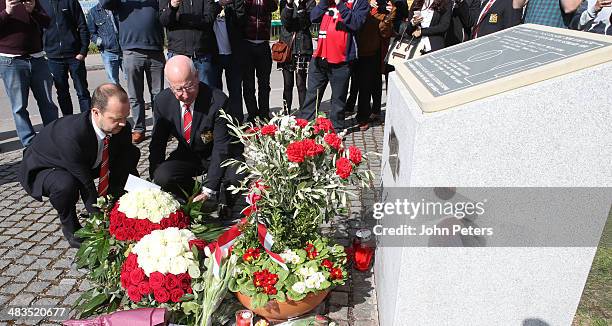 Sir Bobby Charlton and Deputy Vice Chairman Ed Woodward of Manchester United lay a wreath at the memorial to the Munich Air Disaster of 1958 on April...