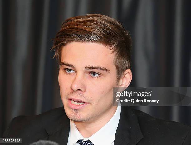 Josh Thomas of the Magpies addresses the media during a Collingwood Magpies AFL press conference at Westpac Centre on August 10, 2015 in Melbourne,...