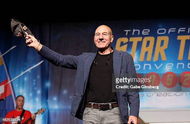 Actor Sir Patrick Stewart speaks during the 14th annual official Star Trek convention at the Rio Hotel & Casino on August 9, 2015 in Las Vegas,...
