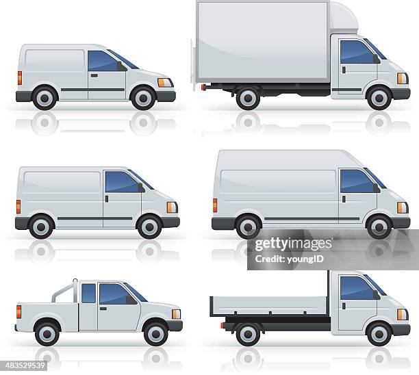 ilustraciones, imágenes clip art, dibujos animados e iconos de stock de seis iconos comerciales van silhouetted sobre blanco - truck