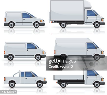 Six commercial van icons silhouetted on white Six commercial van icons silhouetted on white