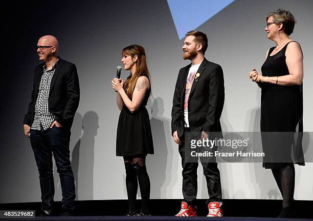Co-directors Yoann-Karl Whissell, Anouk Whissell and Francois Simard and producer Anne-Marie Gelinas speak onstage at "Turbo Kid" during the Sundance...