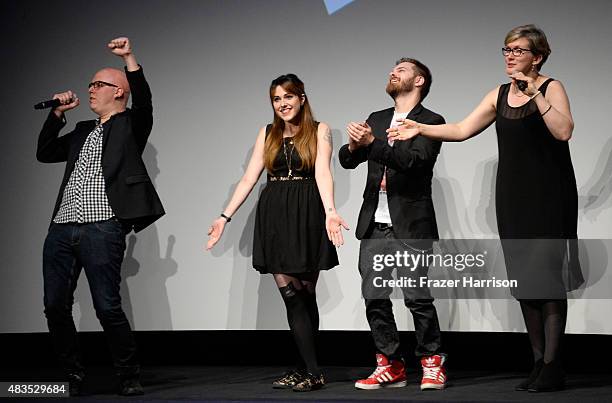 Co-directors Yoann-Karl Whissell, Anouk Whissell and Francois Simard and producer Anne-Marie Gelinas speak onstage at "Turbo Kid" during the Sundance...