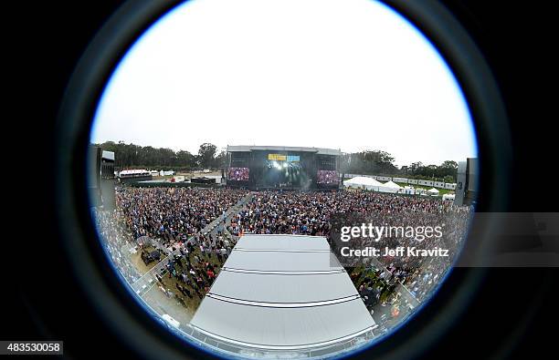 Owen Clarke, Felix Martin, Al Doyle, Sarah Jones, Alexis Taylor, Grovesnor, and Joe Goddard of Hot Chip perform at the Lands End Stage during day 3...