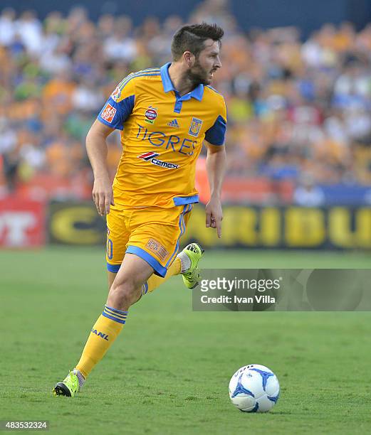 Andre Gignac of Tigres drives the ball during a 3rd round match between Tigres UANL and Chivas as part of the Apertura 2015 Liga MX at Jalisco...