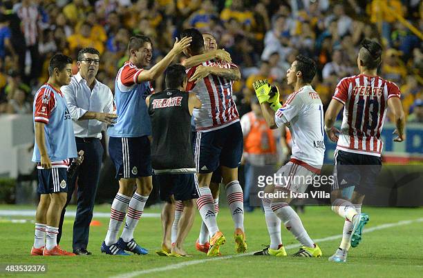 Raul Lopez of Chivas celebrates after scoring the first goal of his team during a 3rd round match between Tigres UANL and Chivas as part of the...