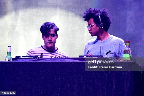 Neon Indian and Toro Y Moi perform onstage following "Turbo Kid" during the Sundance NEXT FEST at The Theatre at Ace Hotel on August 9, 2015 in Los...