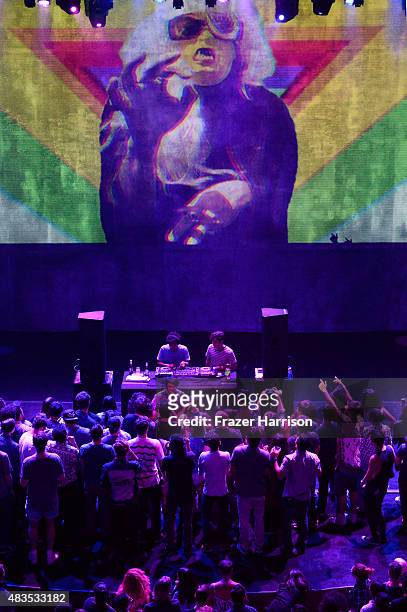 Toro Y Moi and Neon Indian perform onstage following "Turbo Kid" during the Sundance NEXT FEST at The Theatre at Ace Hotel on August 9, 2015 in Los...