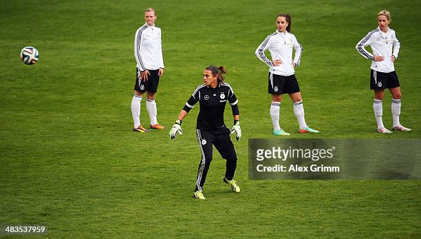 Goalkeeper Nadine Angerer reacts during a Germany training session at Carl-Benz-Stadion on April 9, 2014 in Mannheim, Germany.