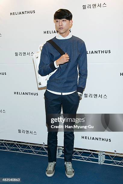 Kang Min-Hyuk of South Korean boy band CNBLUE attends the "Helianthus" 2014 S/S Lesley Line Launch event at Lotte Department Store on April 9, 2014...
